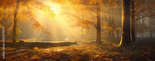 two lovers in autumn color forest. Autumn nature wide or panorama photo