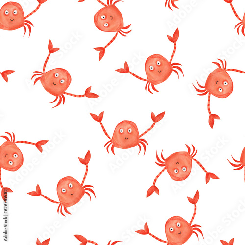 Funny crab. Seamless pattern. Watercolor illustration in cartoon style. Cute textures for baby textiles  fabric design  scrapbooking  wallpaper  etc.