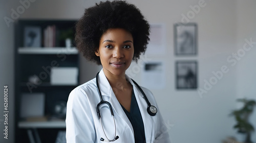 Portrait of Afro American female doctor in uniform and stethoscope on blurred background of her office at clinic