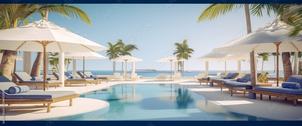 Tropical Paradise: Palm Trees and Umbrellas Surrounding a Pool at the Beach Resort, Generative AI