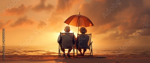 Romantic Sunset Beach Wallpaper with Elderly Couple Embracing, Generative AI