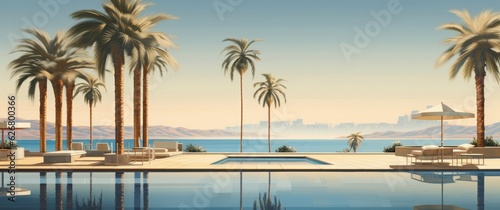 Tropical Paradise: Palm Trees and Umbrellas Surrounding a Pool at the Beach Resort, Generative AI © ParinApril