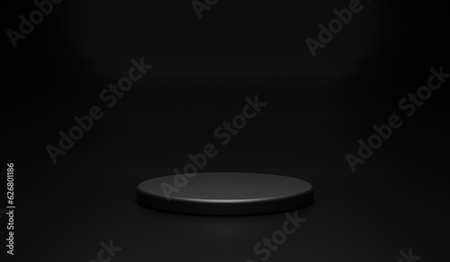 Black podium or pedestal display on dark background with standing cylinder concept. Empty shelf product stand background. 3D renders.