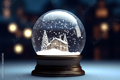 Christmas Snow globe Snowflake with Snowfall on Christmas present with blurred lights background