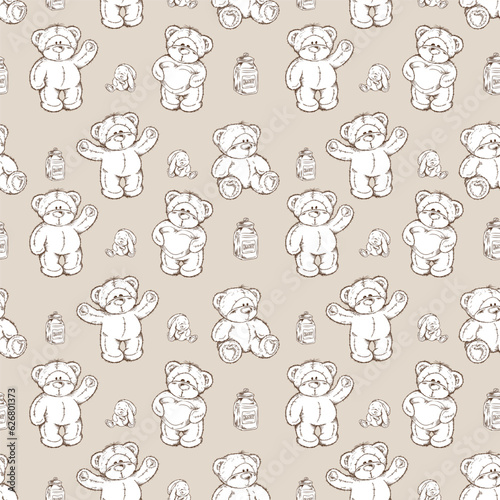 Teddy bear seamless pattern, hand drawn sketch vector illustration on beige background.