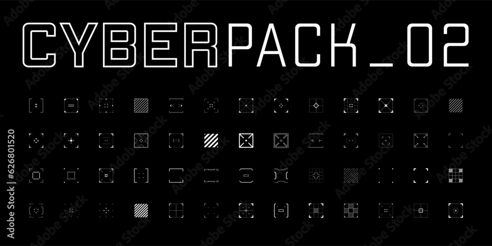 Futuristic design elements set. Rectangle targets, aims, sights, and crosshairs. A pack of cyberpunk style aims. A vector collection of futuristic cyberpunk design elements