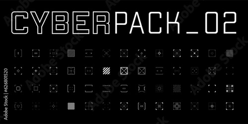Futuristic design elements set. Rectangle targets, aims, sights, and crosshairs. A pack of cyberpunk style aims. A vector collection of futuristic cyberpunk design elements