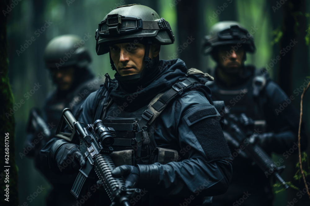 soldier team with gun in the forest