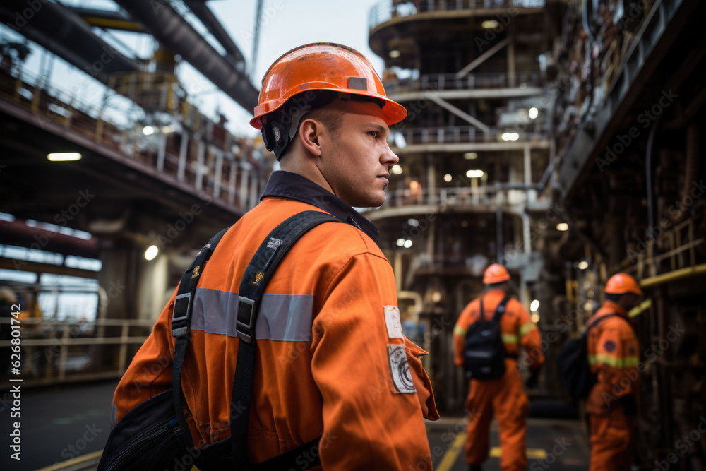 The gas platform technicians are in uniform at the outside and filled with gas pipes The gas platform technicians are in uniform at the outside and filled with gas pipes