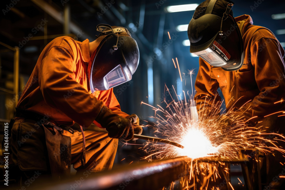 Welders working welding together in the construction site Welders working welding together in the construction site