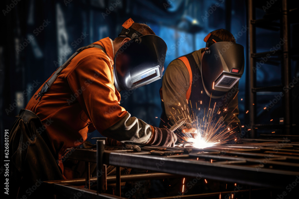 Welders working welding together in the construction site