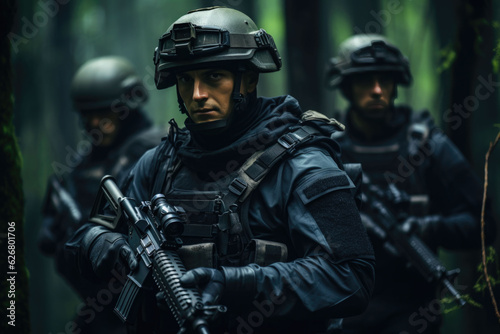 soldier team with gun in the forest