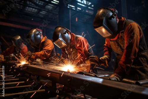 Team of welders welding steel on site
