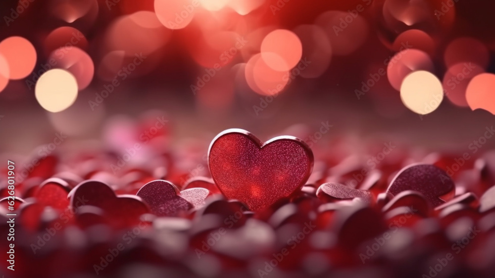 Soft red heart shape bokeh background.