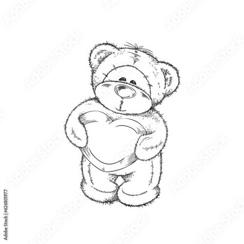 Cute hand drawn monochrome standing teddy bear holding big heart sketch style