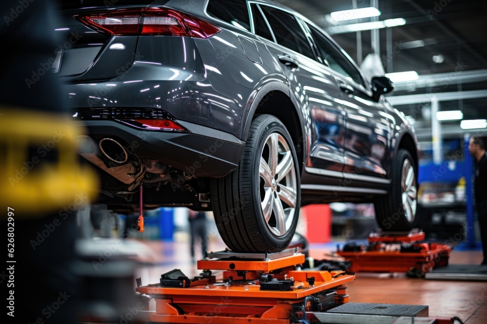 Fototapeta premium male tire changer Check the condition of new tires in stock for replacement at a service center or auto repair shop. Tire warehouse for the automobile industry