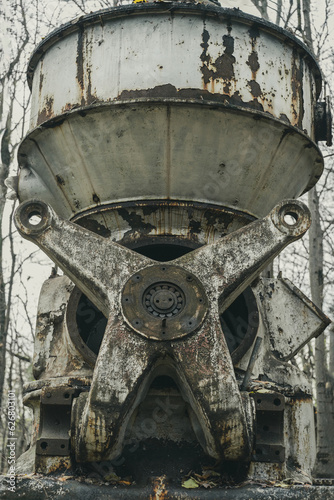 Old melting furnance in the forest. Side view of a  gigantic machine. Iron and steel production. Industrial history. Abandoned machine.