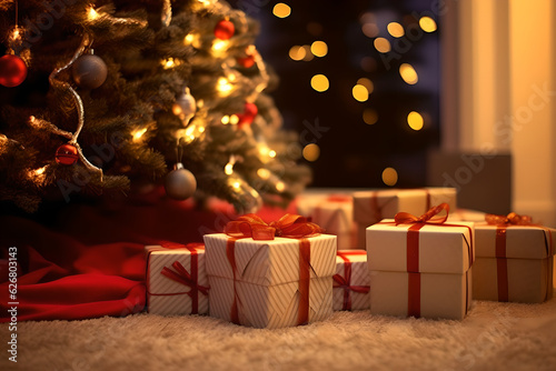 Beautiful Christmas presents over Christmas lights and Christmas tree on light background. Beautiful Christmas gift box decorations