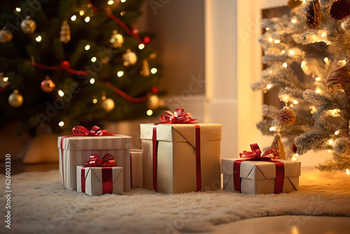 Beautiful Christmas presents over Christmas lights and Christmas tree on light background. Beautiful Christmas gift box decorations