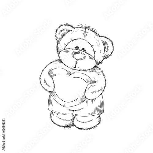 Colorless hand drawn funny Teddy bear boy with heart, cartoon sketch bear doll vector isolated illustration