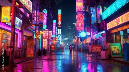 Neon billboards showcasing an array of vibrant colors in Seoul's Songpa Gu nightlife district, South Korea