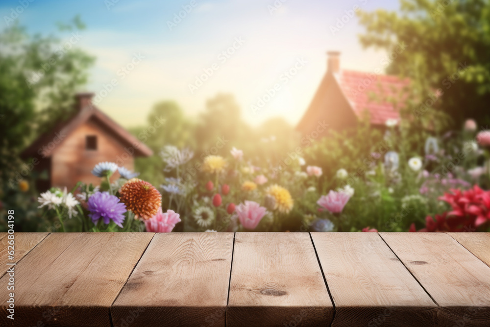 Empty wooden table top with blurred A whimsical garden with colorful flowers, a quaint cottage in the background, for display or montage of your products. Generative AI.