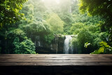 Empty wooden table top with blurred A stunning waterfall surrounded by lush greenery in the background, for display or montage of your products. Generative AI.