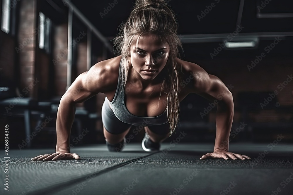 Fototapeta premium HIIT workout in gym, athlete woman in powerful dark theme