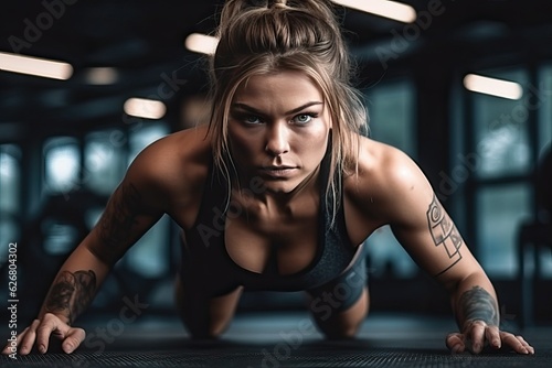 HIIT workout in gym  athlete woman in powerful dark theme