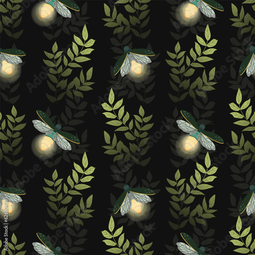 Fireflies in the grass. Seamless pattern. Vector illustration