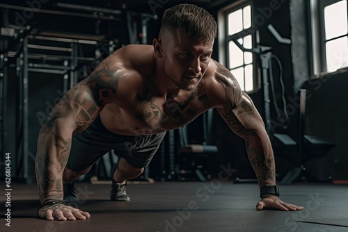 HIIT workout in gym, muscle man with powerful dark theme