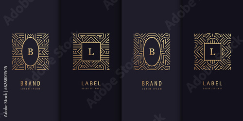 Vector set of logo design templates, brochures, flyers, packaging design in trendy linear art deco, letters in squares. Use for luxury products, wedding invitations, organic cosmetics, wine packaging.