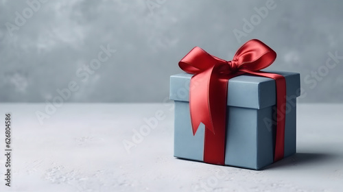 Blue gift box with red ribbon on a gray background. holiday or birthday concept with copy space for you design