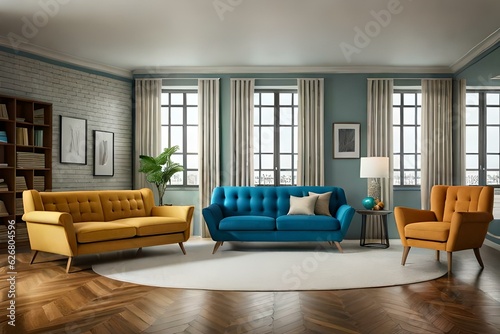 Concept interior design in the style of the 80s. Front view of elegant living room with vintage orange sofa, blue and yellow armchairs. Ergonomic couch in bright apartment with retro interior design