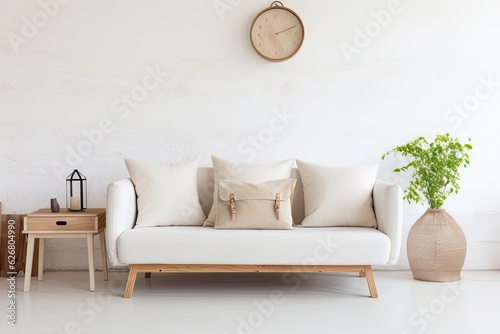 Beige wooden sofa and bags in white loft interior Generative AI