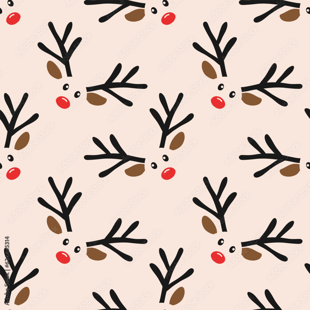 Fototapeta premium Christmas seamless pattern reindeer with red noses and antlers for holiday print textiles or objects