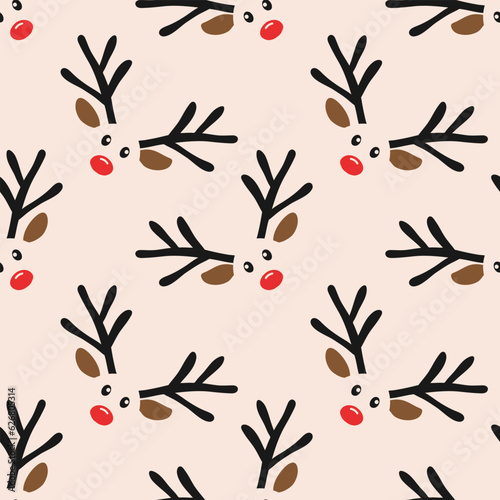 Print op canvas Christmas seamless pattern reindeer with red noses and antlers for holiday print