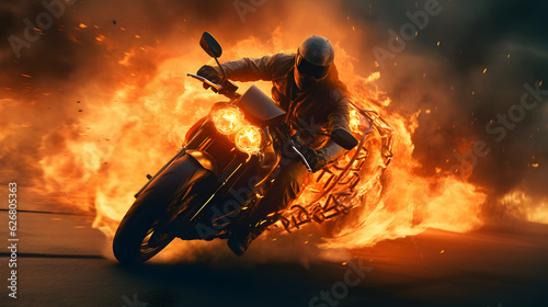 Motorcycle running at high speed with fire background, action movie style concept. 