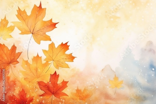 Watercolor autumn abstract background with maple leaves. Generative AI