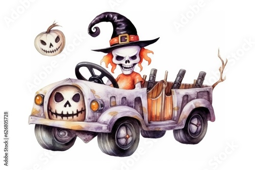 Watercolor with a halloween theme  a skeleton driving a car. Generative AI