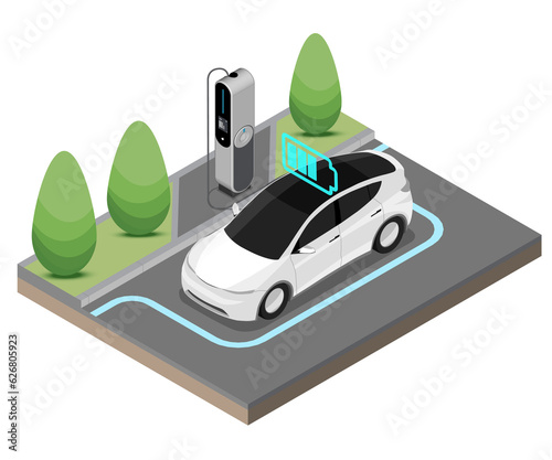 EV Electric Car stop at Charging Station Ecology cut inside show Battery Concept isometric isolated 