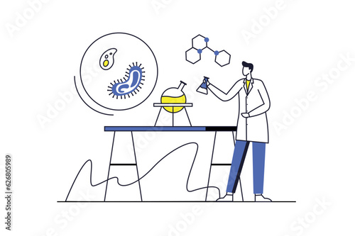 Science lab concept with people scene in the flat cartoon style. A scientist studies various biological organisms in the laboratory. Vector illustration.