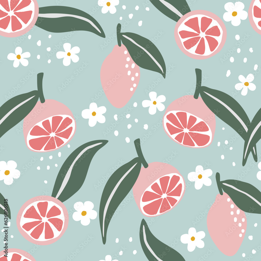 Seamless lemon pattern with flower and leaves on gray background.