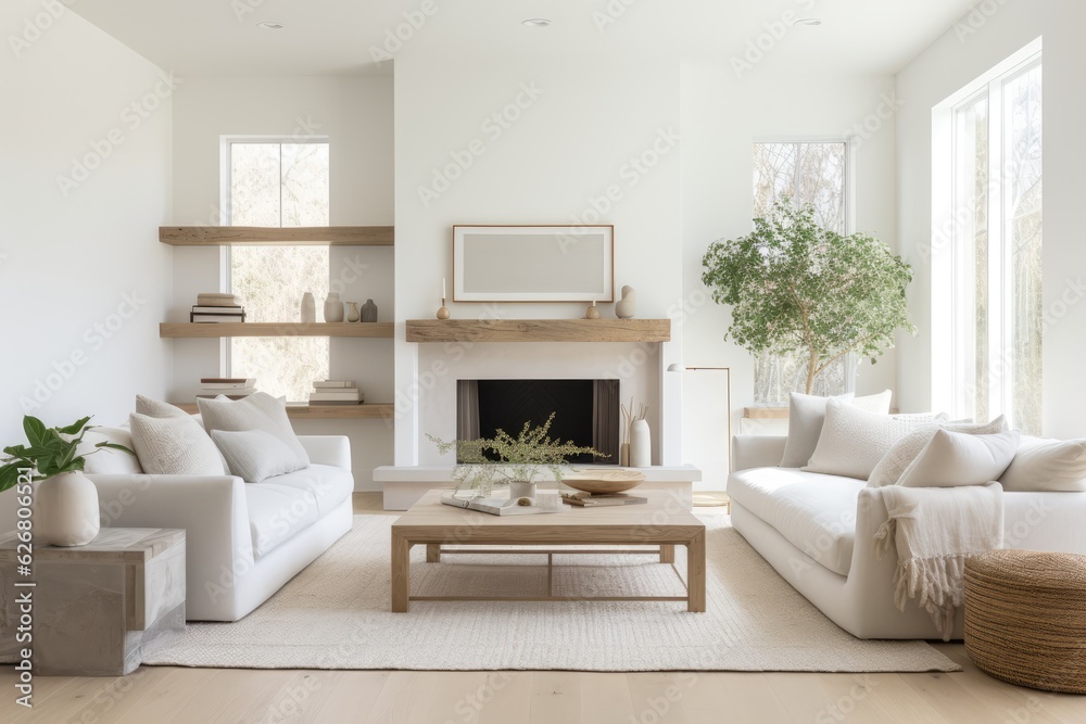 Fototapeta premium Modern bright white farmhouse living room Generative AI