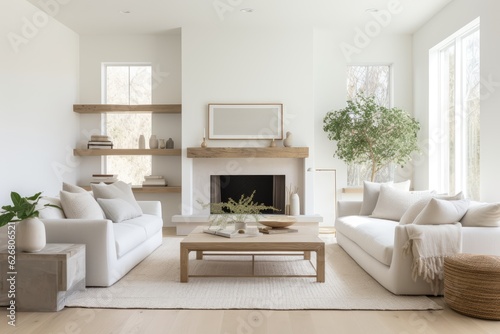  Modern bright white farmhouse living room Generative AI © midart