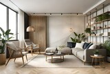 Stylish composition of cozy living room interior with copy space, lot of plants, wooden shelves, rattan sofa and boho accessories. Beige wall, carpet on the floor. Plants love concept. Template.