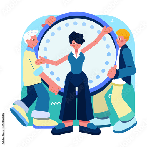 Female coach helping employees planning work time. Work productivity, workflow. Time organization concept. Effective work scheduling. Flat vector illustration in blue colors in cartoon style