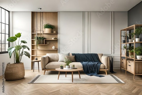 Stylish composition of cozy living room interior with copy space, lot of plants, wooden shelves, rattan sofa and boho accessories. Beige wall, carpet on the floor. Plants love concept.