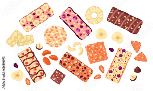 Healthy snaks. Natural food snacks with healthy vegetarian ingredients. Colorful vegan food bars with dried berries and nuts vector illustration