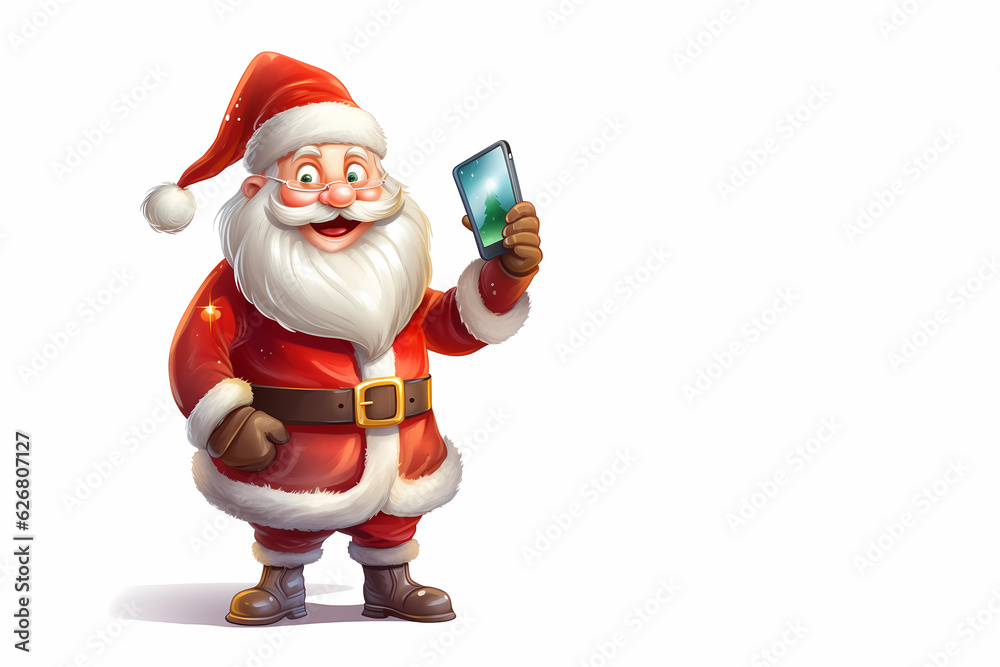 happy santa claus isolated holding smartphone in hand or megaphone, shows thumbs up, pointing at empty space with index finger.santa in modern car trunk with lot of gifts, nighttime generative ai